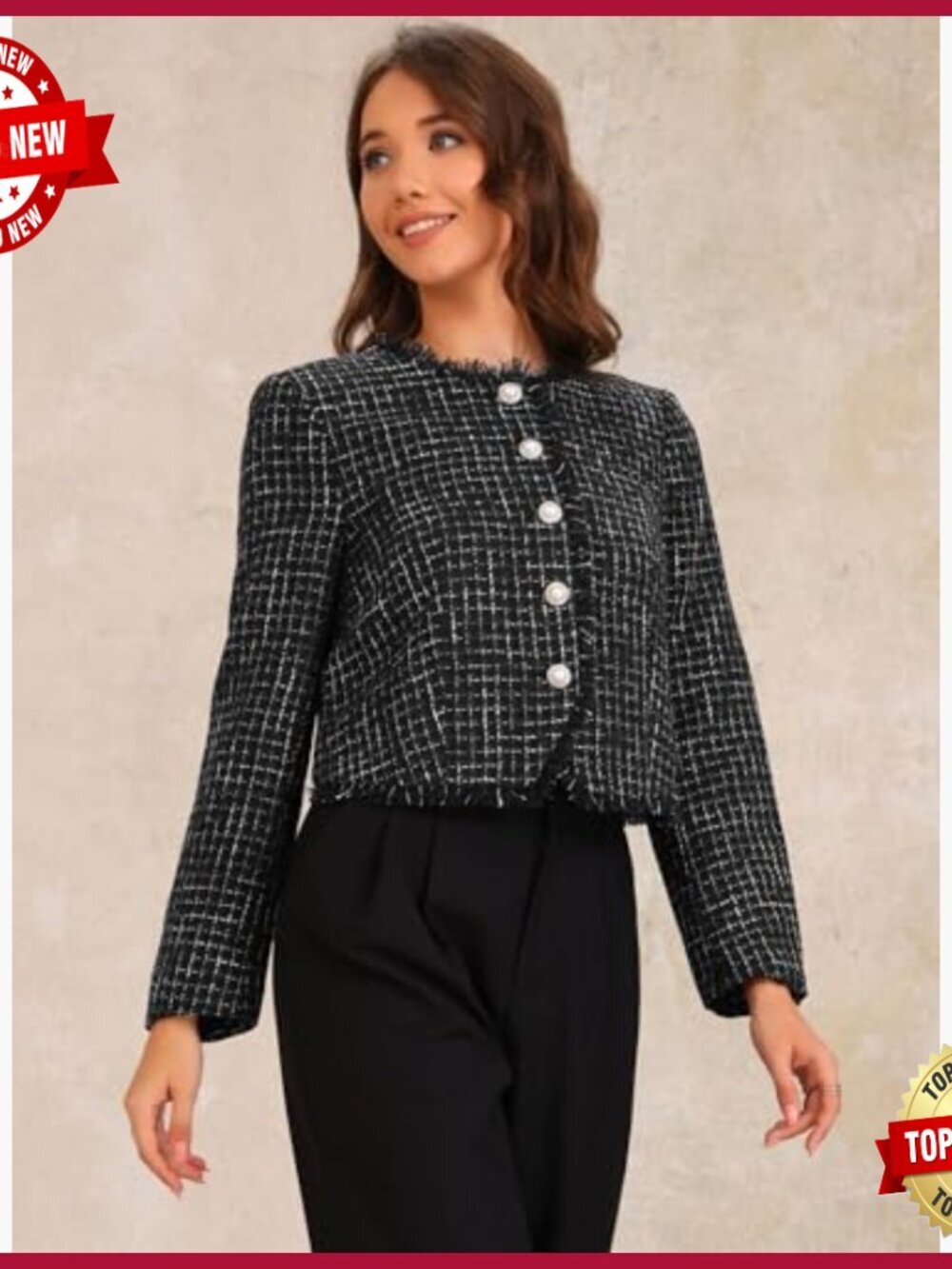 Cropped Plaid Tweed Jacket, Button Up, Long Sleeve, Work Casual - Picture 4 of 5